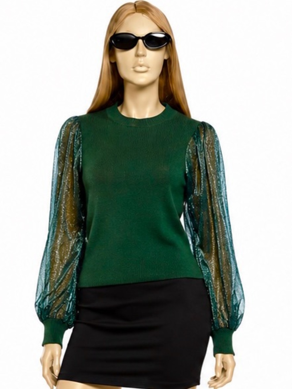 Tuckernuck Betsy Blouse –Green Knit with Sheer Balloon Sleeves – Size M